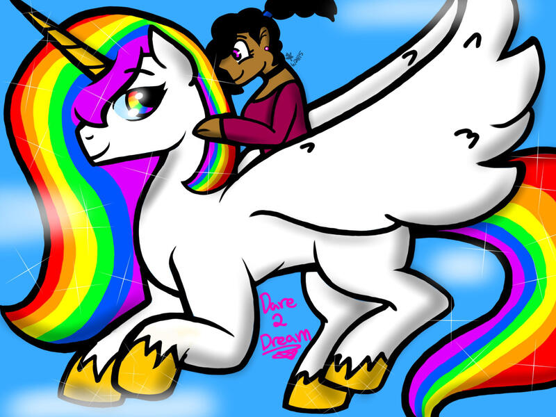 Size: 2048x1536 | Tagged: safe, artist:artmama113, derpibooru import, oc, unofficial characters only, alicorn, human, pony, alicorn oc, clothes, dark skin, duo, female, horn, image, jpeg, mare, multicolored hair, rainbow hair, riding, smiling, unshorn fetlocks, wings