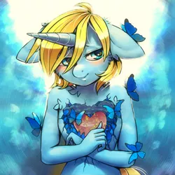 Size: 2000x2000 | Tagged: safe, artist:pony straponi, derpibooru import, oc, oc:skydreams, unofficial characters only, anthro, butterfly, insect, pony, unicorn, blue, blue eyes, blushing, female, heart, heartbreak, image, jpeg, kintsugi, mare, symbolism