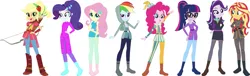 Size: 1913x580 | Tagged: safe, artist:harmonyguard, artist:selenaede, derpibooru import, applejack, fluttershy, pinkie pie, rainbow dash, rarity, sci-twi, starlight glimmer, sunset shimmer, twilight sparkle, equestria girls, base used, boots, clothes, high heel boots, high heels, humane five, humane seven, humane six, image, png, shoes