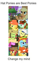 Size: 625x1030 | Tagged: safe, derpibooru import, applejack, berry punch, berryshine, blewgrass, candy apples, fiddlesticks, half baked apple, jonagold, marmalade jalapeno popette, peachy sweet, pitch perfect, apple family member, change my mind, cowboy hat, hat, image, png