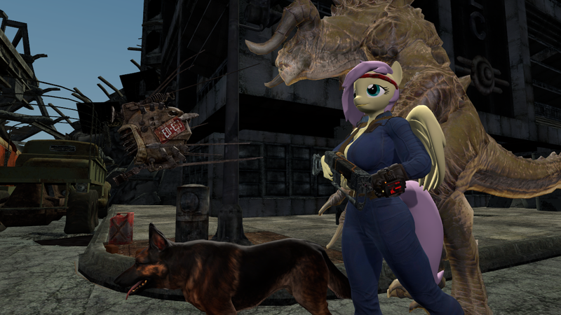 Size: 1280x720 | Tagged: safe, derpibooru import, fluttershy, anthro, deathclaw, dog, pegasus, fallout equestria, 3d, big breasts, breasts, busty fluttershy, clothes, eyebot, fallout, image, pipboy, png, vault suit, weapon