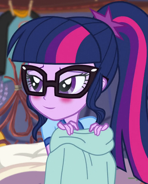 Size: 864x1070 | Tagged: safe, derpibooru import, edit, edited screencap, editor:mycarhasamoustache, screencap, sci-twi, twilight sparkle, equestria girls, legend of everfree, bedroom eyes, blushing, cropped, female, image, lidded eyes, png, smile edit, smiling, solo