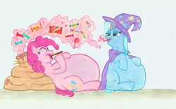 Size: 1924x1200 | Tagged: suggestive, artist:white-eyed vireo, derpibooru import, pinkie pie, trixie, earth pony, pony, unicorn, bag, belly, big belly, candy, candy cane, chocolate, derpibooru exclusive, drawing, duo, duo female, fat, female, flabby chest, food, horn, huge belly, image, impossibly large belly, levitation, magic, obese, piggy pie, png, pudgy pie, sitting up, stuffed belly, telekinesis, the great and bountiful trixie, tongue out, traditional art