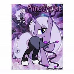 Size: 1080x1080 | Tagged: safe, artist:luna.queex, derpibooru import, ponified, pony, unicorn, abstract background, amethyst (steven universe), clothes, eyelashes, female, horn, image, jpeg, mare, raised hoof, steven universe