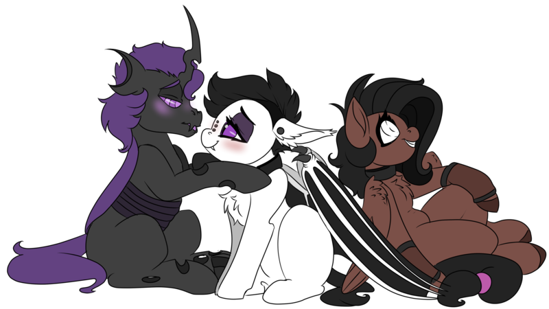 Size: 3840x2160 | Tagged: safe, artist:brainiac, derpibooru import, oc, oc:ebony inks, oc:inner sight, oc:tyro, unofficial characters only, derpibooru community collaboration, 2021 community collab, derpibooru exclusive, image, png, purple changeling, simple background, transparent background