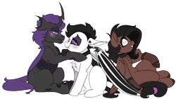 Size: 3840x2160 | Tagged: safe, artist:brainiac, derpibooru import, oc, oc:ebony inks, oc:inner sight, oc:tyro, unofficial characters only, derpibooru community collaboration, 2021 community collab, derpibooru exclusive, image, png, purple changeling, simple background, transparent background