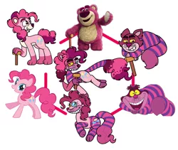 Size: 2048x1726 | Tagged: safe, artist:alanadamoondemon15, derpibooru import, pinkie pie, bear, cat, earth pony, pony, alice in wonderland, cheshire cat, female, fusion, fusion diagram, grin, hexafusion, image, lotso, male, mare, png, smiling, teddy bear, toy story, toy story 3, wtf