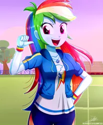 Size: 1784x2163 | Tagged: safe, artist:the-butch-x, derpibooru import, rainbow dash, equestria girls, equestria girls series, bleachers, blue skin, breasts, busty rainbow dash, clothes, confident, cute, cutie mark, cutie mark on clothes, dashabetes, female, fence, geode of super speed, high res, hoodie, image, jacket, jewelry, leggings, looking at you, magical geodes, multicolored hair, necklace, open mouth, open smile, outdoors, pants, pink eyes, png, rainbow hair, rework, signature, smiling, smiling at you, soccer field, solo, tree, wristband