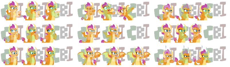 Size: 1851x540 | Tagged: safe, artist:creepa-bot inc., derpibooru import, smolder, dragon, ace attorney, angry, dragoness, female, grin, image, nervous, nervous grin, paper, pixel art, png, pointing, shocked, simple background, smiling, smug, sprite sheet, sweat, thinking, transparent background, watermark, wings