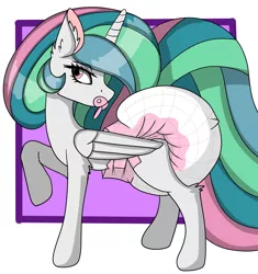 Size: 1816x1932 | Tagged: suggestive, artist:cuddlelamb, derpibooru import, princess celestia, alicorn, pony, adult foal, diaper, diaper fetish, female, fetish, image, non-baby in diaper, pacifier, png, poofy diaper, simple background, solo
