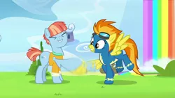 Size: 1280x720 | Tagged: safe, derpibooru import, screencap, spitfire, windy whistles, pegasus, pony, parental glideance, clothes, cute, cutefire, female, image, mare, png, uniform, windybetes, wing shake, wonderbolts uniform