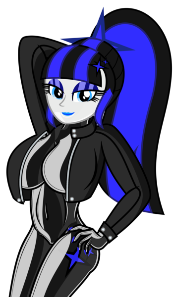 Size: 2093x3582 | Tagged: suggestive, alternate version, artist:severity-gray, derpibooru import, oc, oc:coldlight bluestar, unofficial characters only, human, equestria girls, belly button, big breasts, breasts, clothes, cutie mark, equestria girls-ified, female, humanized, image, jacket, latex, latex suit, leather jacket, looking at you, makeup, nudity, png, ponytail, rubber, rubber suit, simple background, smiling, solo, solo female, transparent background