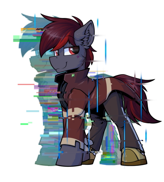 Size: 2160x2391 | Tagged: safe, artist:movieskywalker, derpibooru import, oc, oc:skywalk shadow, unofficial characters only, earth pony, pony, derpibooru community collaboration, 2021 community collab, clothes, derpibooru exclusive, earth pony oc, error, glitch, glitch art, image, looking at you, male, png, simple background, smiling, solo, transparent background