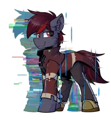 Size: 2160x2391 | Tagged: safe, artist:movieskywalker, derpibooru import, oc, oc:skywalk shadow, unofficial characters only, earth pony, pony, derpibooru community collaboration, 2021 community collab, clothes, derpibooru exclusive, earth pony oc, error, glitch, glitch art, image, looking at you, male, png, simple background, smiling, solo, transparent background