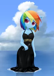 Size: 1000x1407 | Tagged: safe, artist:howxu, derpibooru import, rainbow dash, equestria girls, chibi, clothes, commission, commissioner:ajnrules, cute, dashabetes, dress, image, little black dress, microphone, png, rainbow dash always dresses in style, solo, wet clothes, wet dress