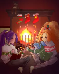 Size: 1600x1982 | Tagged: safe, artist:amazingpuffhair, derpibooru import, adagio dazzle, aria blaze, sonata dusk, equestria girls, antlers, book, chocolate, christmas, christmas stocking, clothes, fireplace, food, holiday, hot chocolate, image, jpeg, mug, pants, red nose, reindeer antlers, socks, stocking feet, teddy bear, the dazzlings, younger