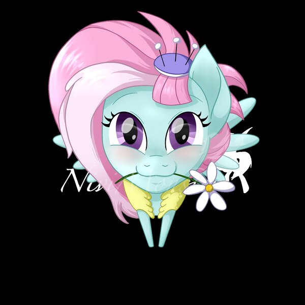 Size: 1500x1500 | Tagged: safe, artist:nivimonster, derpibooru import, kerfuffle, pegasus, pony, cute, flower, fufflebetes, image, jpeg, looking at you, mouth hold, purple eyes, simple background