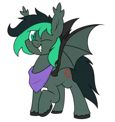 Size: 1219x1291 | Tagged: safe, artist:moonatik, derpibooru import, oc, oc:target strike, unofficial characters only, bat pony, pony, derpibooru community collaboration, 2021 community collab, bandana, bat pony oc, bat wings, commission, image, male, one eye closed, png, raised hoof, simple background, solo, spread wings, stallion, transparent background, unshorn fetlocks, wings, wink