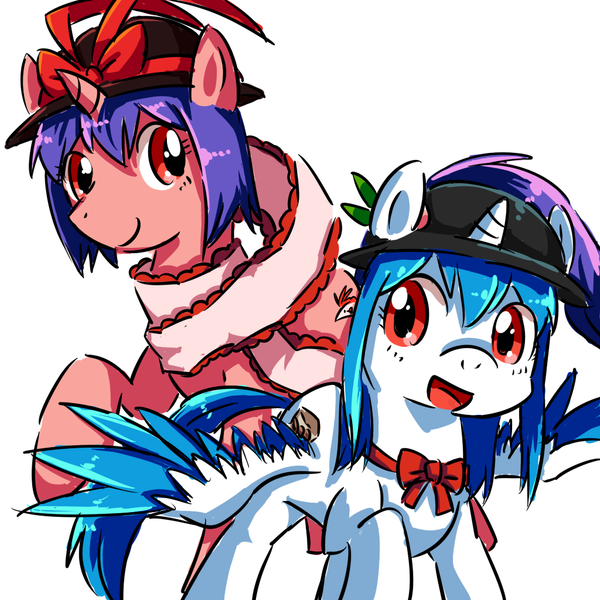 Size: 1024x1024 | Tagged: safe, artist:sukeyfour, derpibooru import, ponified, alicorn, pony, crossover, cute, duo, female, hat, hinanai tenshi, image, mare, nagae iku, png, touhou