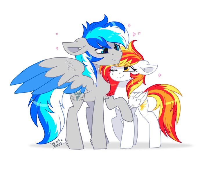 Size: 3000x2500 | Tagged: safe, artist:liquorice_sweet, derpibooru import, oc, oc:diamond sun, oc:hawker hurricane, unofficial characters only, pegasus, pony, commission, cute, female, hawkmond, image, jpeg, love, male, mare, oc x oc, pegasus oc, shipping, simple background, spread wings, stallion, transparent background, wings, ych result