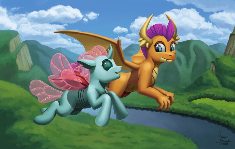 Size: 1750x1109 | Tagged: safe, artist:zevironmoniroth, derpibooru import, ocellus, smolder, changedling, changeling, dragon, cute, diaocelles, dragoness, duo, female, flying, forest, image, mountain, open mouth, png, river, scenery, signature, smiling, smolderbetes, tree