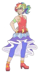 Size: 1900x3600 | Tagged: safe, artist:kikirdcz, derpibooru import, rainbow dash, human, alternate hairstyle, armband, belt, boots, clothes, crystal gala, crystal gala dress, dress, ear piercing, earring, female, freckles, grin, high heel boots, humanized, image, jewelry, leggings, piercing, png, rainbow dash always dresses in style, shoes, simple background, skirt, smiling, solo, transparent background
