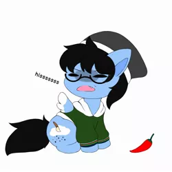 Size: 2000x2000 | Tagged: safe, artist:aleuoliver, derpibooru import, oc, unofficial characters only, pegasus, pony, beanie, chibi, chili pepper, clothes, disgusted, glasses, hat, hissing, hoodie, image, jpeg, pegasus oc, simple background, sitting, solo, two toned wings, white background, wings