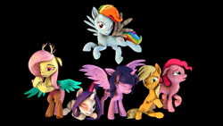 Size: 1280x720 | Tagged: safe, artist:castaspellliana, artist:goldencarrotmlp, artist:psfmer, derpibooru import, applejack, fluttershy, pinkie pie, rainbow dash, rarity, twilight sparkle, twilight sparkle (alicorn), alicorn, draconequus, earth pony, pegasus, unicorn, fanfic:my little pony: the unexpected future, 3d, alternative models, amputee, animated, artificial wings, augmented, black background, draconequified, flutterequus, flying, gif, image, mane six, missing eye, prosthetic leg, prosthetic limb, prosthetic wing, prosthetics, sad, scar, simple background, source filmmaker, species swap, wind, wings