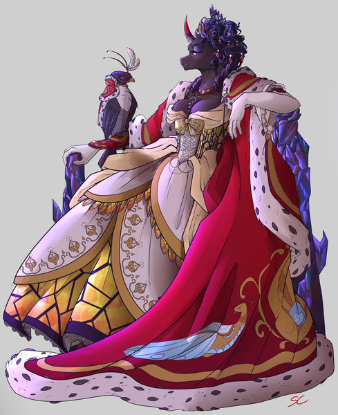 Size: 4323x5300 | Tagged: safe, artist:sourcherry, derpibooru import, king sombra, anthro, bird, hawk, bow, breasts, cape, cleavage, clothes, coronation dress, dress, ermine, gown, hair bun, image, png, queen umbra, rule 63, solo, throne