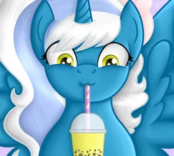 Size: 1559x1397 | Tagged: safe, artist:princessmoonsilver, derpibooru import, oc, oc:fleurbelle, unofficial characters only, alicorn, pony, alicorn oc, boba tea, bow, bubble tea, drink, drinking, drinking straw, female, hair bow, horn, image, jpeg, mare, solo, wings, yellow eyes