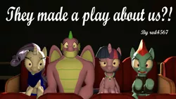 Size: 1920x1080 | Tagged: safe, artist:red4567, derpibooru import, rainbow dash, rarity, spike, twilight sparkle, twilight sparkle (alicorn), alicorn, dragon, pegasus, pony, unicorn, fanfic, fanfic:they made a play about us?!, 3d, fanfic art, fanfic cover, female, gigachad spike, image, link in description, male, mare, mixed reactions, older, older rainbow dash, older rarity, older spike, older twilight, png, shrunken pupils, source filmmaker, twilight will not outlive her friends, winged spike