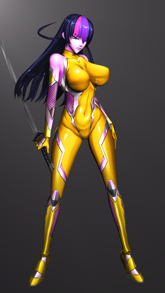 Size: 2160x3840 | Tagged: safe, alternate version, artist:vladichslg, derpibooru import, twilight sparkle, anthro, human, 3d, big breasts, breasts, clothes, cosplay, costume, female, gold, humanized, image, katana, latex, png, simple background, source filmmaker, suit, sword, taimanin asagi, test, weapon