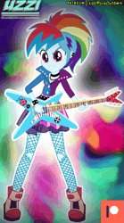 Size: 665x1200 | Tagged: safe, alternate version, artist:uzzi-ponydubberx, derpibooru import, rainbow dash, equestria girls, equestria girls series, friendship through the ages, rainbow rocks, alternate design, alternate hairstyle, animated, boots, clothes, female, friendship, gif, guitar, image, jacket, long hair, long mane, looking at you, musical instrument, new version, pantyhose, patreon, patreon logo, piercing, ponied up, punk, shoes, short shirt, skirt, smiling, socks, solo, transformation, wings