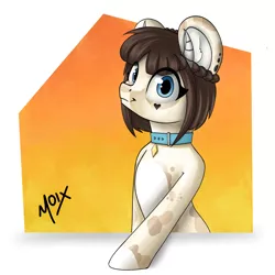 Size: 2000x2000 | Tagged: safe, artist:supermoix, derpibooru import, oc, unofficial characters only, pony, blue eyes, collar, cute, female, gift art, horn, image, looking at you, piercing, png, simple background, solo, spots