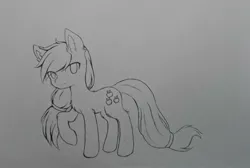 Size: 1908x1279 | Tagged: safe, artist:aleuoliver, derpibooru import, applejack, earth pony, pony, female, grayscale, image, jpeg, lineart, mare, missing accessory, monochrome, raised hoof, solo, traditional art