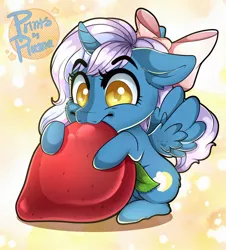 Size: 1280x1415 | Tagged: safe, artist:plumaelegante, derpibooru import, oc, oc:fleurbelle, unofficial characters only, alicorn, pony, adorabelle, alicorn oc, bow, chibi, eating, female, food, hair bow, herbivore, horn, image, jpeg, mare, solo, strawberry, wingding eyes, wings, yellow eyes