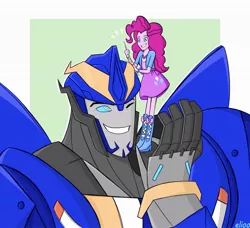 Size: 1991x1817 | Tagged: safe, artist:elioo, derpibooru import, pinkie pie, equestria girls, autobot, crossover, cybertronian, drumsticks, image, jpeg, one eye closed, smiling, smokescreen, transformers, transformers prime