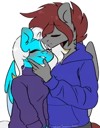 Size: 1200x1532 | Tagged: safe, artist:cottonsweets, derpibooru import, oc, oc:artfulcord, oc:lollia, unofficial characters only, anthro, pegasus, blushing, clothes, couple, cute, freckles, image, kissing, png, shipping, sikan pegasus, tattoo