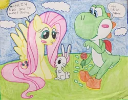 Size: 960x750 | Tagged: safe, artist:justinvaldecanas, derpibooru import, fluttershy, pegasus, pony, yoshi, hasbro, image, jpeg, nintendo, photo, super mario, traditional art