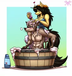Size: 1216x1280 | Tagged: suggestive, artist:thedrunkcoyote, derpibooru import, oc, oc:amber steel, oc:flynt, unofficial characters only, anthro, coyote, unicorn, 2018, abs, assisted bathing, bath, big breasts, blushing, breasts, bucket, chair, clothed female nude male, clothes, digital art, duo, female, flymber, furry, furry oc, horn, image, jpeg, male, male nipples, muscles, nipples, nudity, oc x oc, pants, pecs, shampoo, shipping, shirt, sitting, soap, straight, unamused