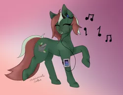 Size: 1800x1400 | Tagged: safe, artist:inanimatelotus, derpibooru import, oc, oc:herbal remedy, crystal pony, earth pony, pony, dancing, eyes closed, gradient background, happy, image, jamming out, listening to music, music notes, png, redraw, solo