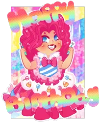 Size: 908x1102 | Tagged: safe, artist:lonepuddingcup, derpibooru import, pinkie pie, human, bowtie, clothes, dignified wear, dress, female, gala dress, grin, happy birthday, humanized, image, lipstick, png, smiling