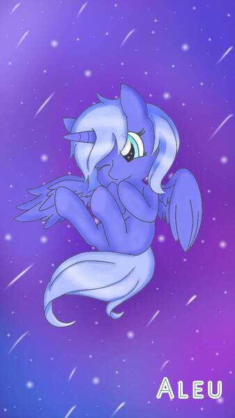 Size: 675x1200 | Tagged: safe, artist:aleuoliver, derpibooru import, princess luna, alicorn, pony, female, flying, horn, image, jpeg, mare, night, one eye closed, s1 luna, solo, stars, wings, wink