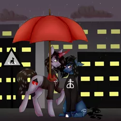 Size: 2500x2500 | Tagged: safe, artist:sombralicious, derpibooru import, oc, ponified, ponified:kellin quinn, ponified:oliver sykes, pony, undead, zombie, zombie pony, bone, bring me the horizon, city, clothes, cloud, commission, disguise, disguised siren, drop dead clothing, duo, duo male, floppy ears, glowing horn, horn, image, long sleeves, magic, magic aura, male, outdoors, png, rain, road, road sign, scar, shirt, sitting, sky, sleeping with sirens, stallion, stitches, t-shirt, tattoo, torn ear, umbrella, ych result