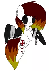 Size: 696x1008 | Tagged: safe, artist:dramaostrich, derpibooru import, oc, oc:cleancut, pegasus, pony, bandage, bandaged wing, black sclera, blood, crying, cutie mark, ear piercing, female, flying, image, jewelry, knife, necklace, piercing, png, scar, simple background, solo, tears of blood, wings