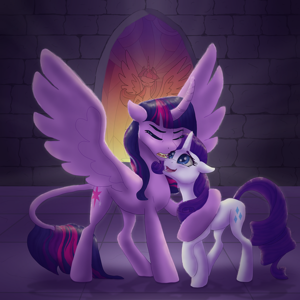 Size: 5000x5000 | Tagged: safe, artist:shaslan, derpibooru import, rarity, twilight sparkle, twilight sparkle (alicorn), alicorn, pony, unicorn, absurd resolution, commission, eyes closed, female, floppy ears, horn, image, leonine tail, lesbian, mare, open mouth, png, rarilight, shipping, size difference, spread wings, stained glass, stained glass window, tail, wings