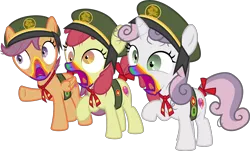 Size: 6627x4000 | Tagged: safe, alternate version, artist:sollace, derpibooru import, apple bloom, scootaloo, sweetie belle, 28 pranks later, .svg available, badge, clothes, cookie zombie, cutie mark crusaders, derp, derpibooru exclusive, filly guides, hypocrites, image, open mouth, pawns of twilight sparkle, png, rainbow muzzle, raised leg, scout uniform, scoutaloo, simple background, this will lead to a cry wolf scenario, traitors, transparent background, trio, vector