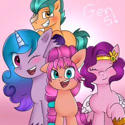 Size: 3000x3000 | Tagged: safe, artist:doraeartdreams-aspy, derpibooru import, hitch trailblazer, izzy moonbow, pipp petals, sunny starscout, earth pony, pegasus, pony, unicorn, blushing, braid, eyes closed, female, g5, gradient background, grin, high res, image, looking at you, male, mare, one eye closed, open mouth, png, raised hoof, smiling, stallion, teeth, text, unshorn fetlocks, wink