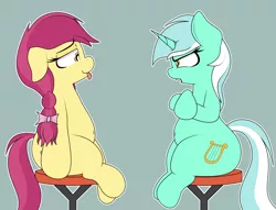 Size: 1800x1372 | Tagged: safe, artist:blitzyflair, derpibooru import, lucky charm (character), lyra heartstrings, earth pony, pony, unicorn, angry, belly button, chubby, crossed arms, duo, female, floppy ears, image, jpeg, looking at each other, mare, plump, simple background, sitting, smiling, stool, tongue out