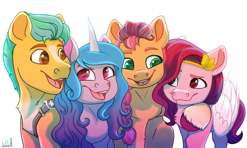 Size: 4000x2400 | Tagged: safe, artist:glitterstar2000, derpibooru import, hitch trailblazer, izzy moonbow, pipp petals, sunny starscout, earth pony, pegasus, pony, unicorn, female, g5, high res, hug, image, looking at each other, male, mare, open mouth, png, simple background, stallion, unshorn fetlocks, white background